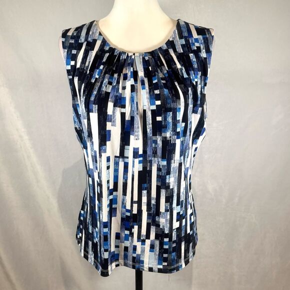 Calvin Klein black blue and white abstract print pleated neck top size large - Picture 2 of 8